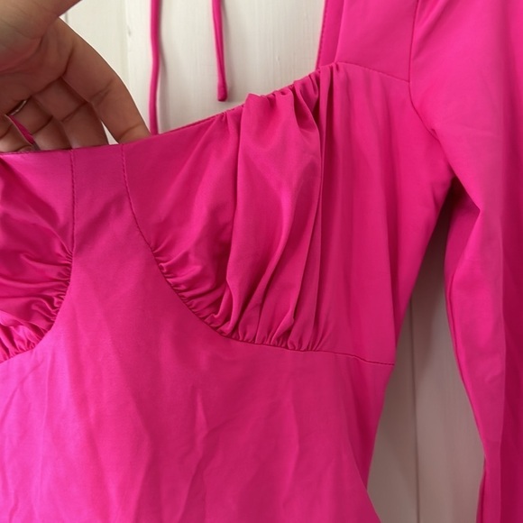 Lulu’s Hot Pink Long Sleeve Ruched Open Back Mini Dress - Picture 8 of 16